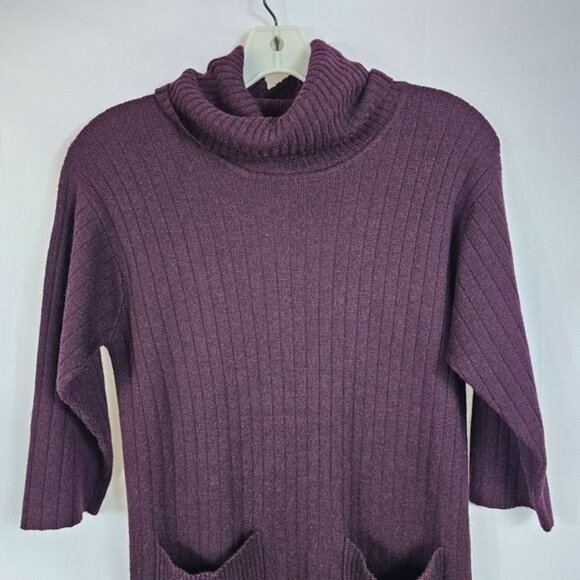 Tweeds Merino Blend Sweater Dress Sz M Purple Turtleneck 3/4 Sleeves Pockets - Picture 3 of 6
